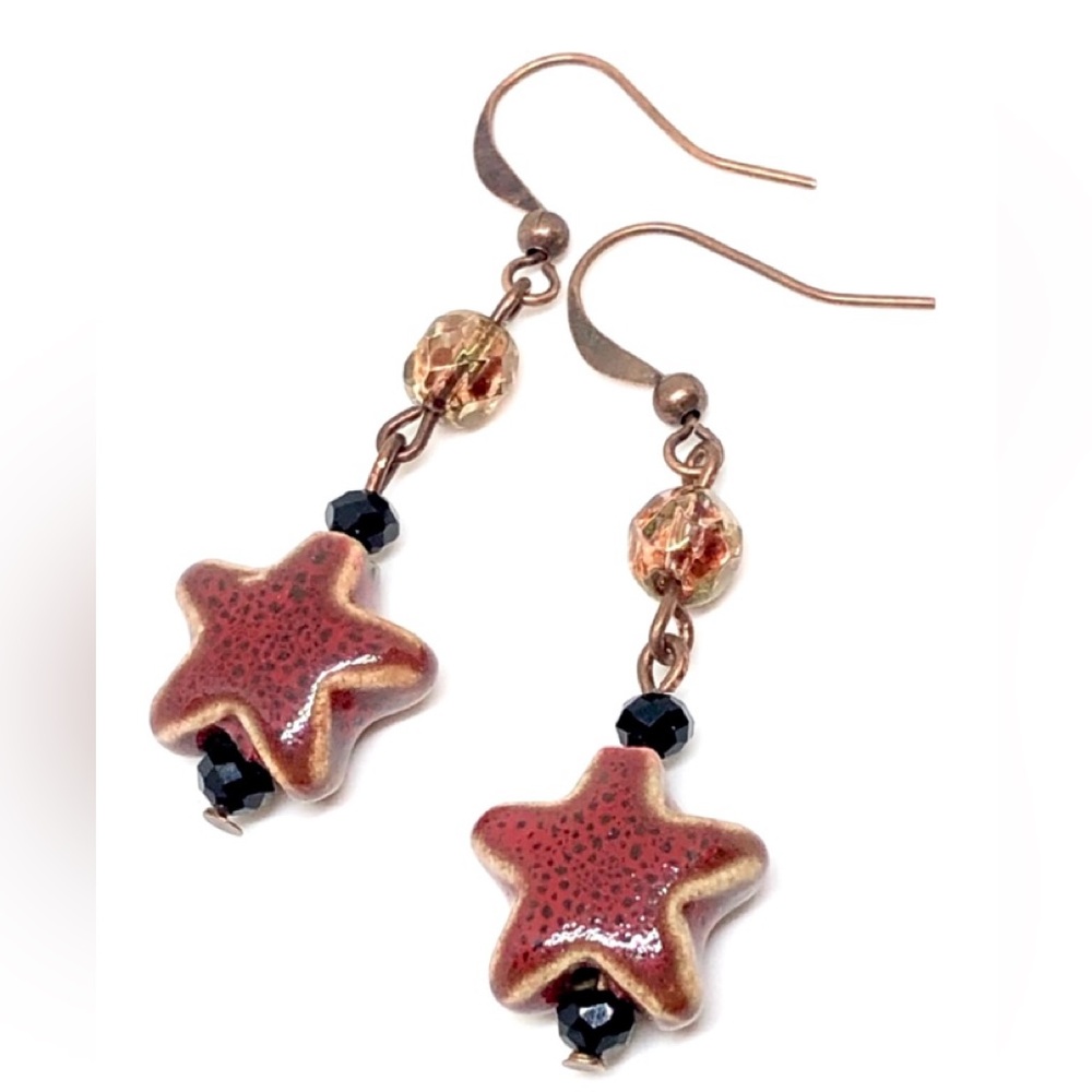 Dark Red Ceramic Star Copper Luster and Black Glass Bead Earrings Earth Tone NWT